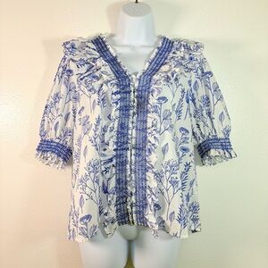Entro Blue White Floral Ruffled Cottagecore Peasant Blouse SzM French Country